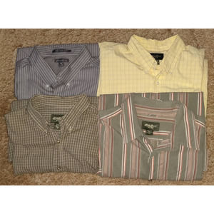 4 EDDIE BAUER MEN'S BUTTON DOWN DRESS SHIRTS 2 LONG, 2 SHORT SLEEVE SIZE IN PICS